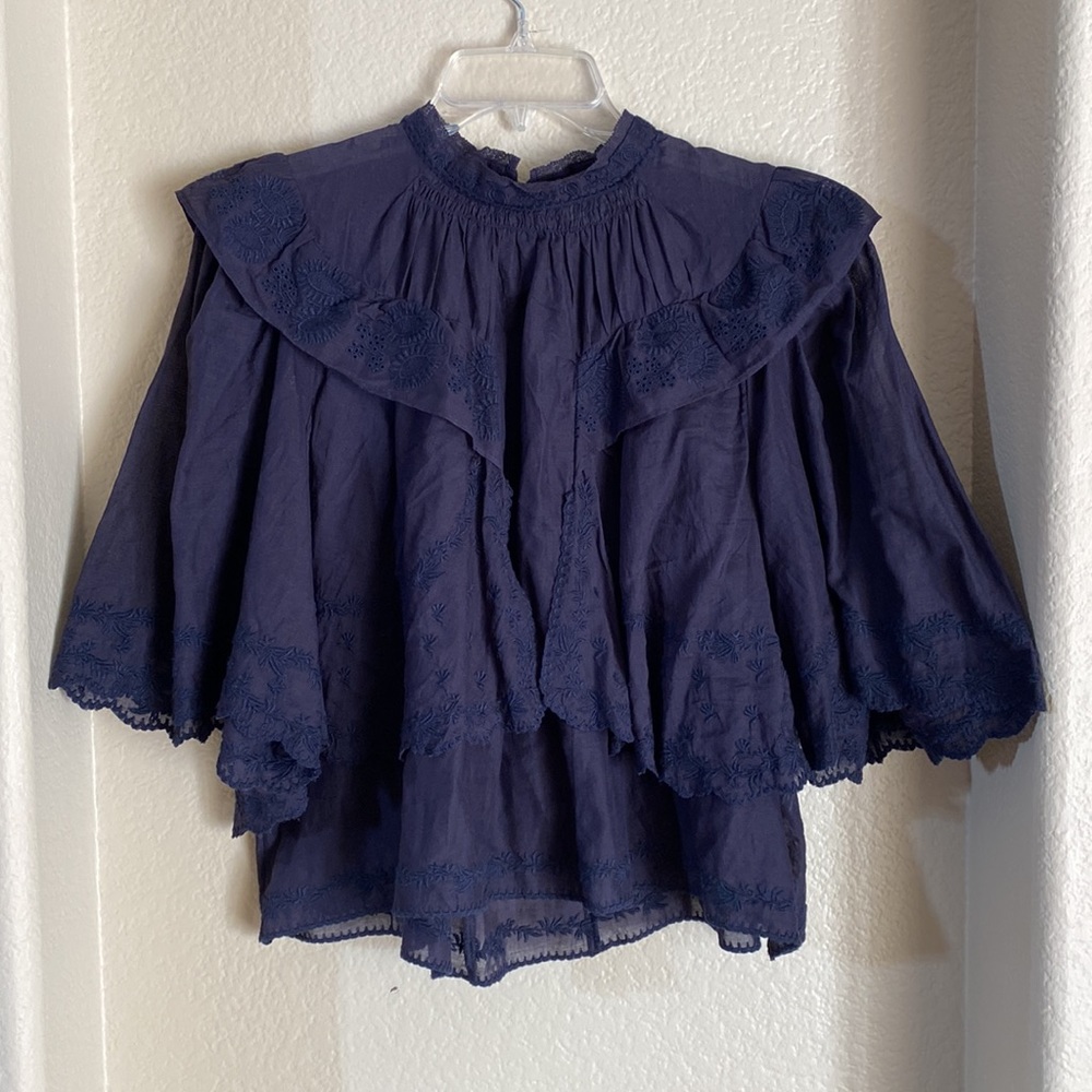 Isabel Marant Navy Sheer Ruffled Embroidered Blouse